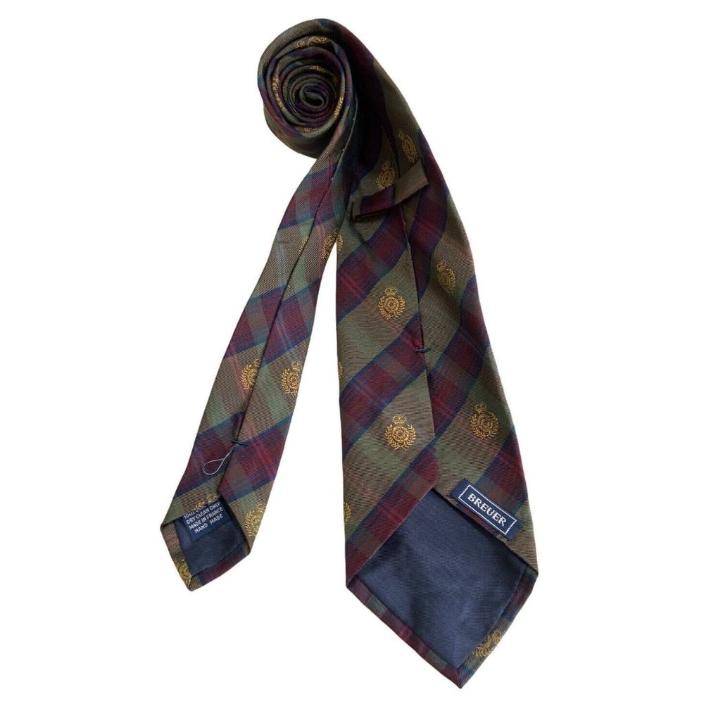 BREUER Green Plaids & Cheks Crown Silk Tie HANDMADE FRANCE 57"/ 3.5" EC